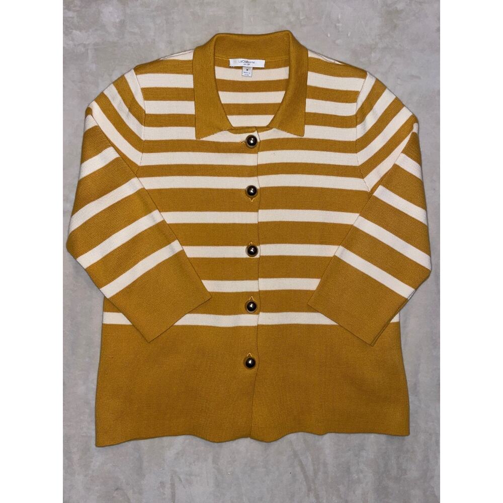 Retro Mustard Striped Cardigan M Big Gold Tone Buttons Liz Claiborne NY 3/4